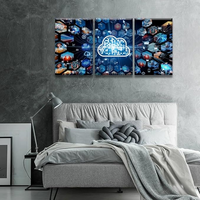LSIUHWUWI 3 Pieces Wall Art for Living Room Cloud Computing Concept Communication Network Prints for Home Wall Decor, Posters for Home Hotel Wall Decoration, Framed Ready to Hang, 16x24inchx3