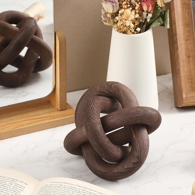 3 Link Wood Knot Decor Rustic Home Décor Accents Hand Carved Coffee Table Decoration, Boho Chain Link Decoration, Modern Shelf, Rustic Objects for Home Living Room Bedroom(Black Walnut)