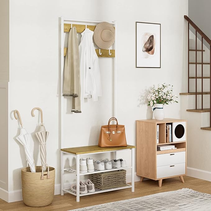 Hall Tree with Bench and Shoe Storage, 3-in-1 Coat Rack Shoe Bench, Freestanding Wooden Coat Rack with Metal Frame, 3-Tier Storage Shelf and 9 Removable Hooks, White/Walnut