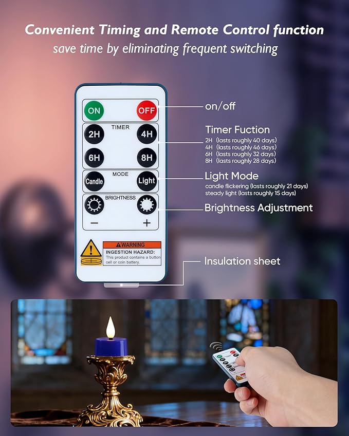 Amagic Flameless Blue Timer Remote Tealights Candles, 3D Black Wick Flickering Tea Light, 300+Hour Colored Votive Candles Battery Operated, Set of 12 for Wedding, Theme Party, Aniversary, Halloween