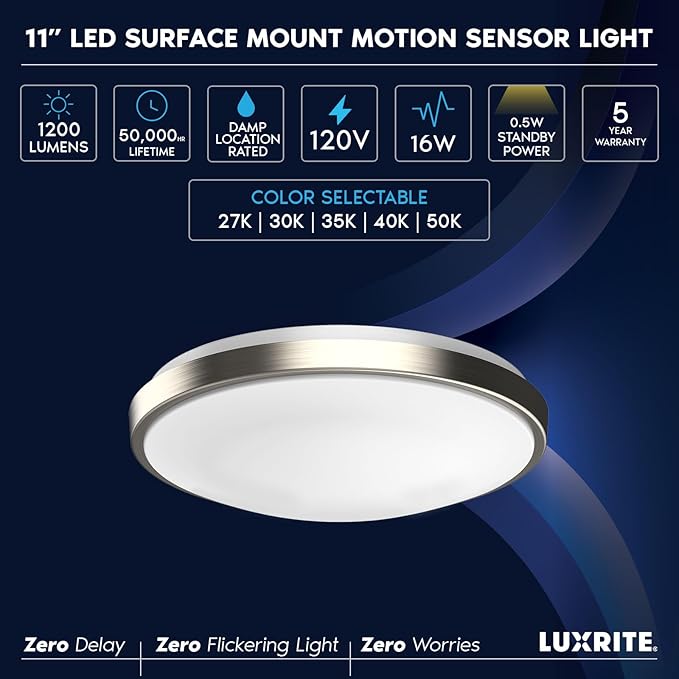 LUXRITE Motion Sensor LED Flush Mount Ceiling Light, 11 Inch, 5CCT Selectable 2700K 3000K 3500K 4000K 5000K, 60s Timeout, 16W, 1200LM, Brushed Nickel, Damp Rated, ETL Listed - Indoor and Outdoor