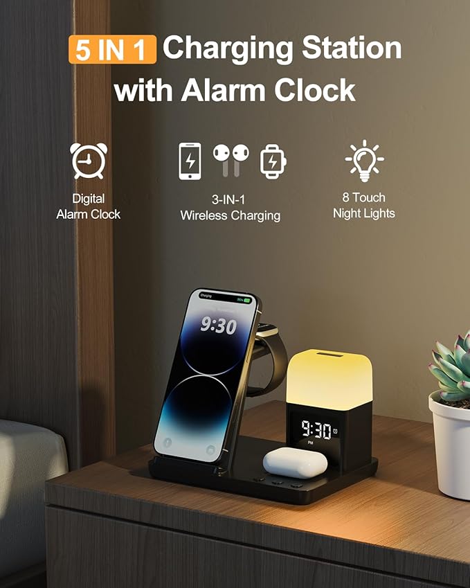Wireless Charging Station Alarm Clock with 8 Touch Night Lights: 5 in 1 Charger Stand for Apple Devices - Charging Dock for iPhone 17 16 15 14 13 12 Pro Max Plus/Apple Watch/AirPods, Dimmable