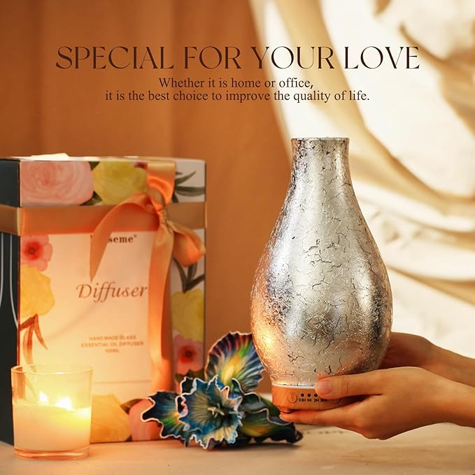 Porseme 100ml Silver-Plated Volcano Essential Oil Diffuser 3D Glass - Elegant and Effective Aromatherapy with 7 Color Changing LEDs and Waterless Auto-Off BPA Free for Home Yoga Leisure SPA Gift