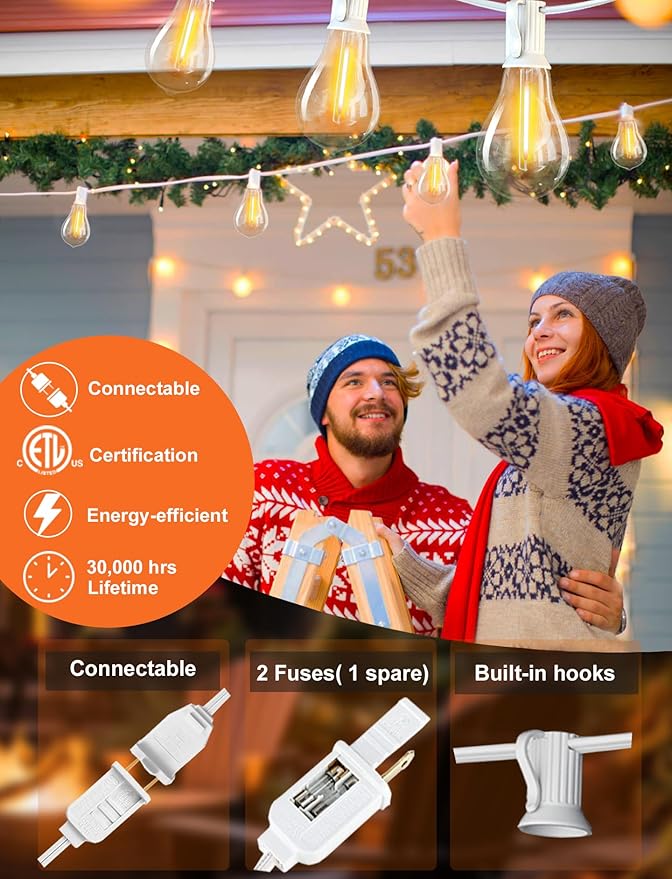 DAMAING Outdoor String Lights 120FT Waterproof Patio Lights with 63 Plastic Dimmable Edison LED Bulbs,Connectable Outdoor Lighting for Backyard,Garden and Wedding Outside, 2200K White Cord