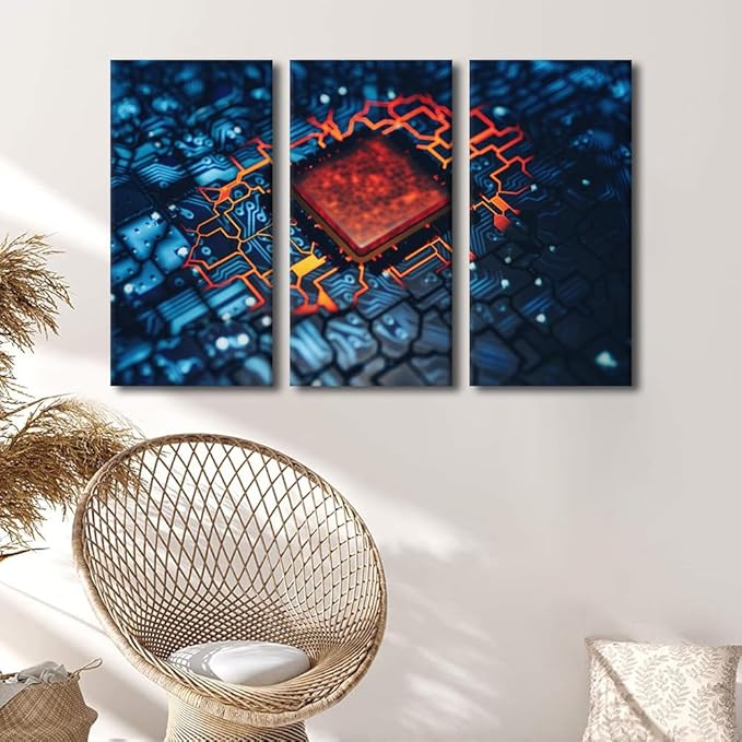 3 Panel Wall Art Motherboard Digital Chip Poster Canvas Wall Art Circuit Paintings Modern House Decoration for Living Room Boys Girls Teen for Bedroom Decor Prints Framed Ready to Hang(28"Wx42"H)