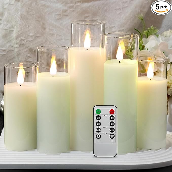 NICEME 5PCS Clear Glass LED Flameless Candles with Remote Timer, Flickering Battery Operated Pillar Candles Teardrop Flame Black Wick Romantic Real Wax Electric Votive Candles for Halloween Christmas