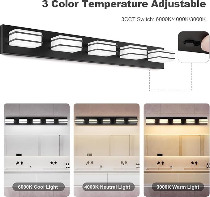 3 Color Temperature Dimmable Vanity Lighting Fixtures, LED Black 5 Light Bathroom Vanity Light Fixtures, Acrylic Stainless Steel Square Shade Vanity Lights for Bathroom, ETL Certificated