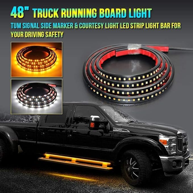 Truck Running Board Lights, Amber Turn Signal Lights Sequential Side Maker Lighting Kits, 2PCs 48 Inch White Courtesy Flexible Step Strip Lights for Extended Crew Cab Trucks Pickup (48")