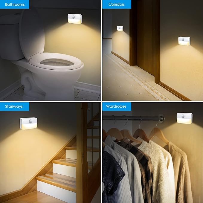 AMIR 12 Pack Motion Sensor Stair Lights for Indoor, Battery-Operated LED Night Light, 40 Lumen 3000K, Cordless Closet Light, Tap Light, Safe Lights for Stairs, Hallway, Bathroom, Cabinet, Kitchen