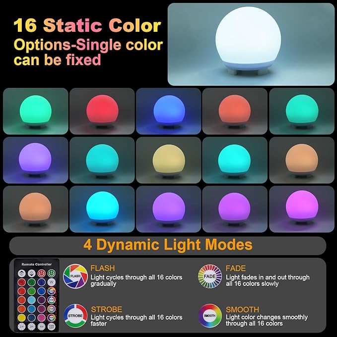 16-Color USB Rechargeable LED Ball Night Light with Remote, 4 Modes & 8 Brightness, 4.7 Inch Compact Mood Light for Bedroom, Parties, Holidays Shower,Party,Christmas Decor