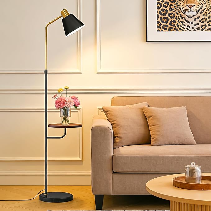 Black Floor Lamp with Walnut Side Table for Living Room Bedroom, Modern Standing Lamp 12W LED 3-Color Dimmable 3000K/4500K/6500K, Adjustable Reading Light with Shelf for Home Office Corner end