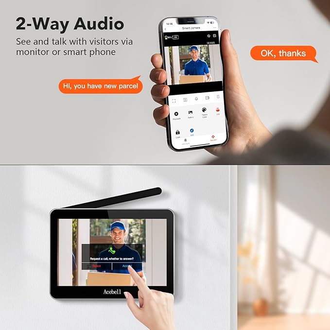 Wireless Smart Video Doorbell Intercom System, WiFi 1080P Video Doorbell Camera with Monitor, Video Door Phone with 7''Touch Screen, Motion Detection, No Subscription, APP Control