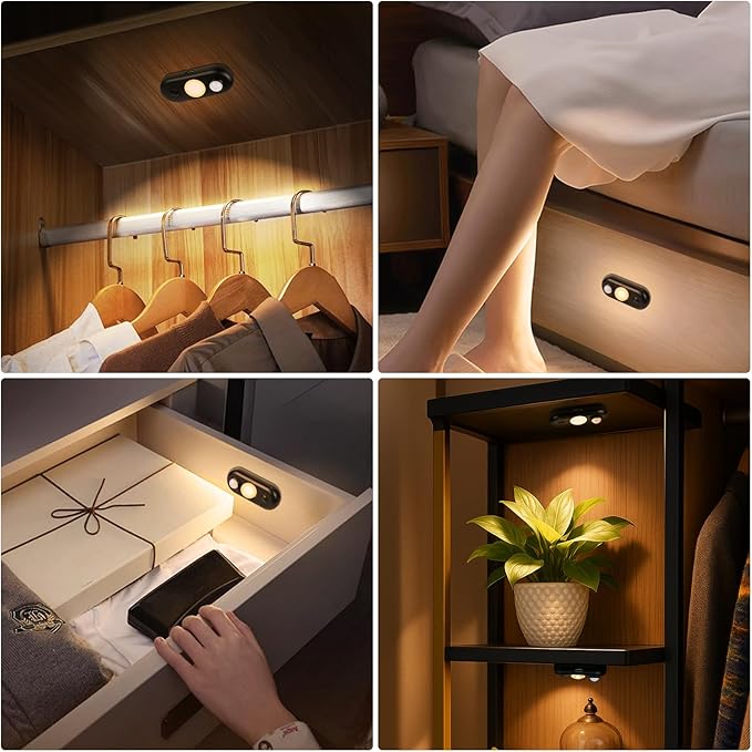 LED Motion Sensor Light Indoor, Magnetic Under Cabinet Lighting Warm White, Black Dimmable Rechargeable Puck Lights for Closet, Kitchen, Stairs(4 Pack)