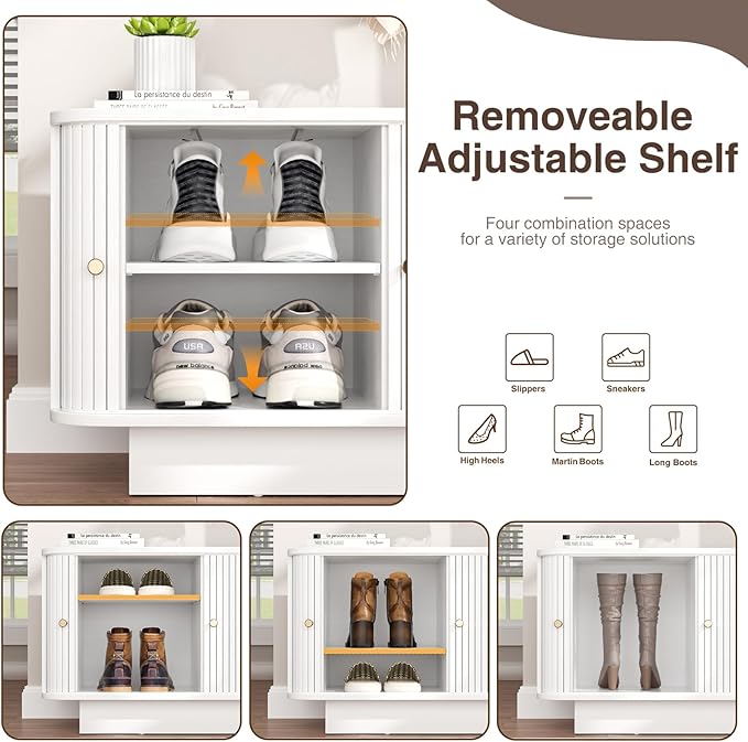 Fluted Shoe Storage Bench, 63" W Long Entryway Bench with Sliding Door, Mud Room Benches with Seat, Upholstered Wooden Rack Organization for Living Room, Apartment, Dorm, Oak, Natural2PCS