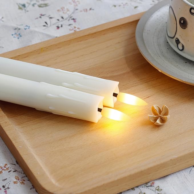 Flameless Flickering Taper Candles Two Remote, 7.5 Inch Ivory Battery Operated LED Window Candles Timer,Set of 8 Plastic 3D-Wick Dripping-Wax Effect Flameless Candlesticks(0.86”Dia,Warm Fire)