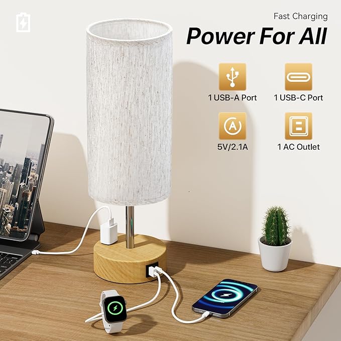 KPQ Small Bedside Lamp Touch Control Table Lamp with USB A+C Charging Ports & AC Outlet 3-Way Dimmable Nightstand Lamp with Linen Fabric Shade for Bedroom Living Room