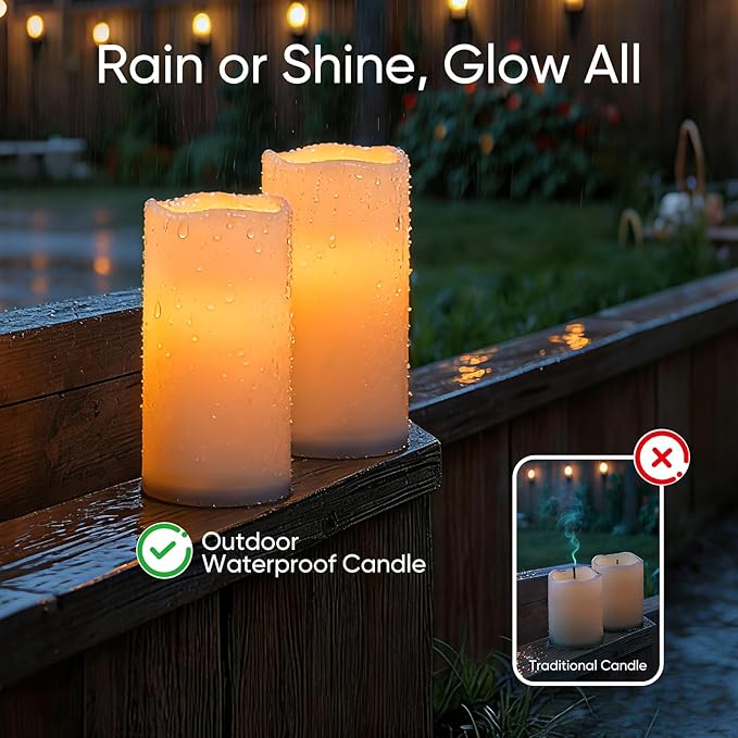 Raycare 3"x6" Outdoor Waterproof Flameless Candles-Auto Light Sensor Dusk to Dawn, 2Pcs Flickering LED Candle, Battery Operated Electric Fake Pillar Candle for Garden, Porch, Patio, Lantern Decor