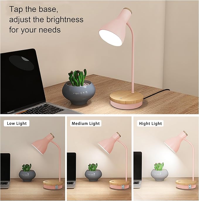 Metal Desk Lamp Wireless Charging Table Lamp Touch Reading Lights Arc Desk Lamps for Bedroom, 3 Way Dimmable Bedside Lamp with USB Charging Ports Lamp for Study Room and Office (Touch-Pink)