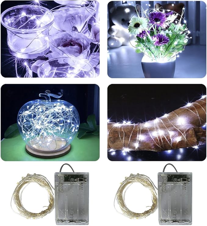 2 x20LEDs Fairy Lights Battery Operated, Silver Wire 2 Mode Chains String Lights for Bedroom Christmas Party Decoration (Cool White, 6.6)