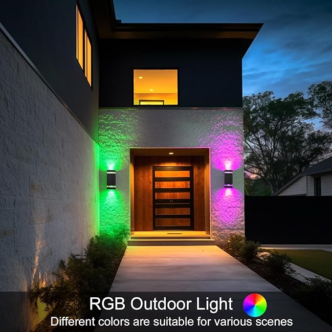 Up and Down Outdoor Wall Light, RGB Color Changing wall Lights,App&Voice Control, ETL Listed, Black Square Design, House wall Sconce 6500K, Outdoor Exterior Lights for Porch, Garage
