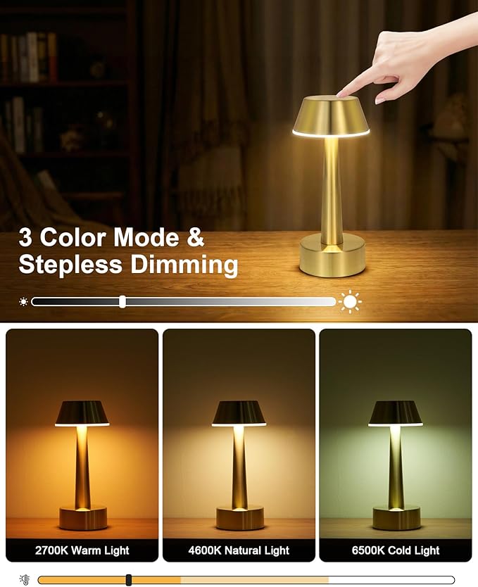 Cordless Rechargeable Table Lamp Small Battery Operated Lamp for Restaurant, 3 Color Stepless Dimmable LED Touch Lamp Gold Portable Night Lights for Bedside Living Room Kitchen Bar Outdoor Patio Décor
