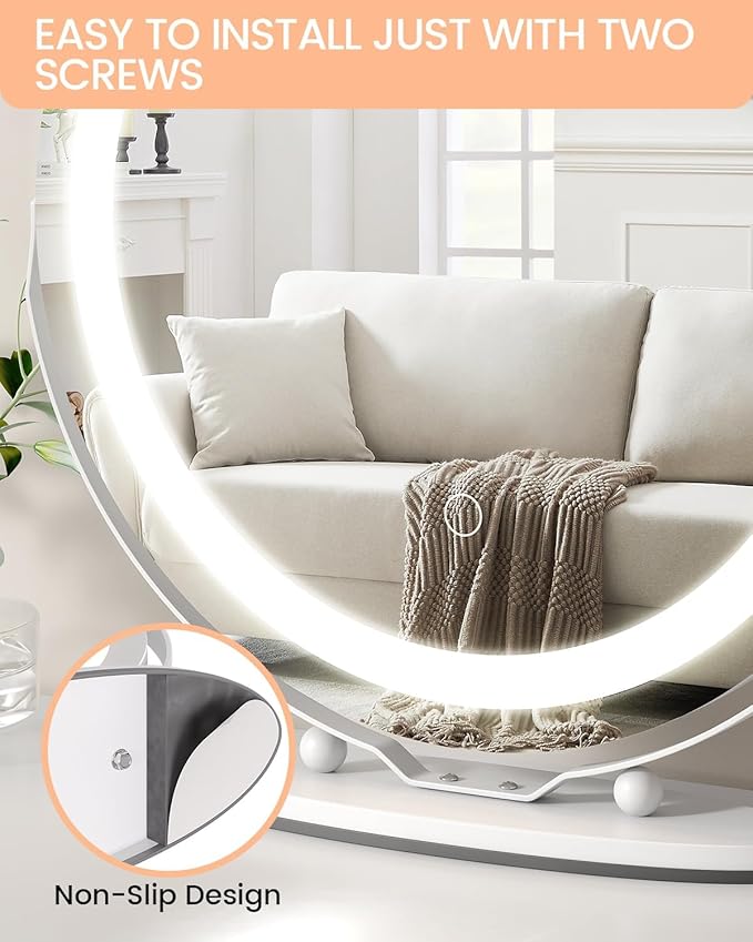 IDEALHOUSE 19 inch Makeup Mirror with Lights, Vanity Mirror with Smart Touch Control 3 Colors Dimmable Lights, 360°Rotation White Vanity Mirror for Bedroom, Tabletop and Desk Mirror