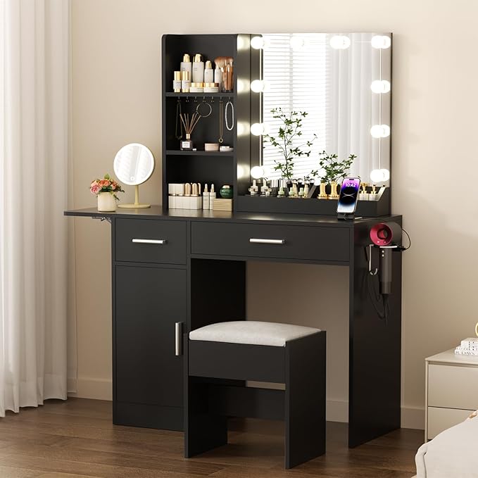 Vanity Desk with Mirror and Lights, 43.3" Makeup Desk with Stool and Power Outlet, 5 Drawers and Open Shelves Make Up Table for Bedroom, Black