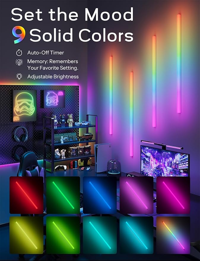 45.8 inch Wireless Wall Lights Color Changing RGB LED Syncs to Music Remote Control, Battery Operated Wall Light Bar Wall Sconces Set of 2 for Bedroom Party Gaming Room Decor
