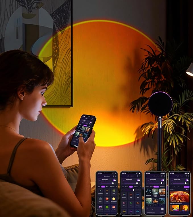 Sunset Lamp Projector,360° Rotatable & App Control Multicolor Multi-Scene Changing Rainbow Led Sun Lamp-Christmas Gift,Aesthetic Room Decor for Selfies,TikTok/Instagram Backdrop,Bedroom Night Light