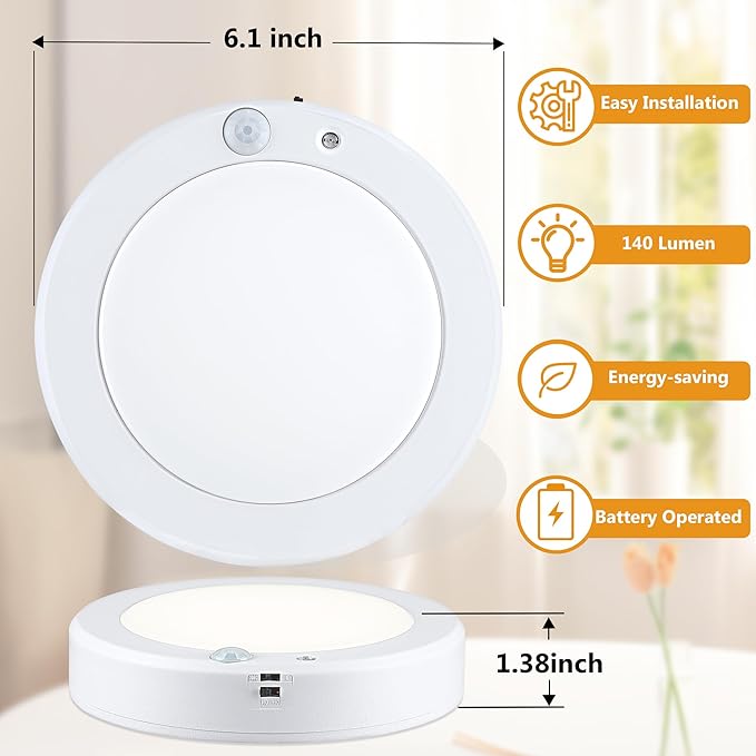 LIT-PaTH Battery Operated Motion Sensor Ceiling Light, 6.1inch 5000K Wireless Motion Light Indoor, 140 Lumens Battery Powered Cordless Lamps for Hallway Stair Laundry,2-Pack(Battery Not Included)