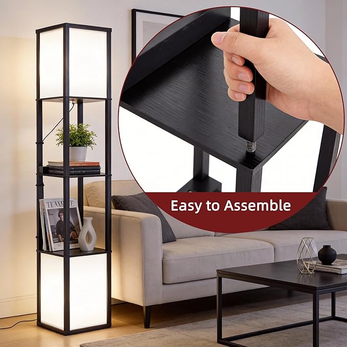 Black Floor Lamp with Shelves/Remote/App Control, Dimmable Led Standing Corner Display Bookshelf Lamp,Color Changing Temps,Floor Lamps for Living Room,Bedroom,Office (FL2L)