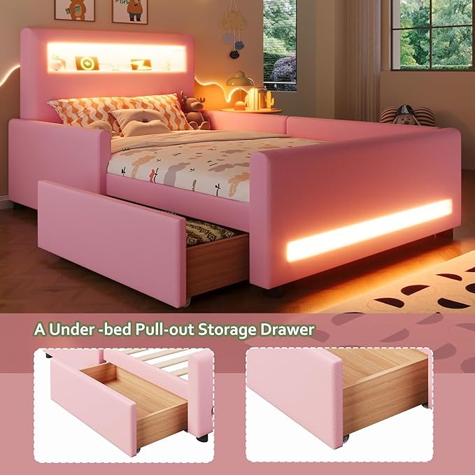 MERITLINE Twin Size Upholstered Platform Bed with Drawer, App-Controlled RGB LED Light Strip & USB Port, PU Fabric Storage Bed (Pink) | LED light, Storage Drawer