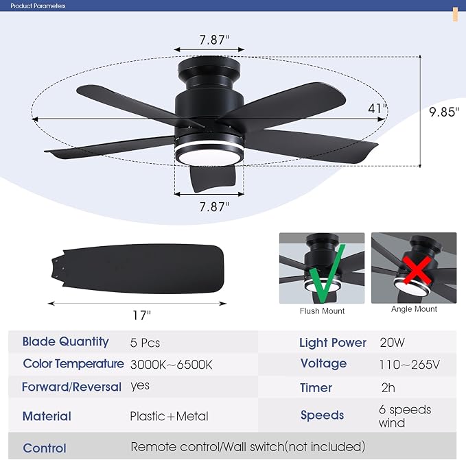 Ceiling Fans with Lights and Remote Control, 41 inch Low Profile Flush Mount Ceiling Fan, 3 CCT LED Dimmable Lights 5 Reversible Plastic Blades 6 Speeds for Bedroom Living Room, Black
