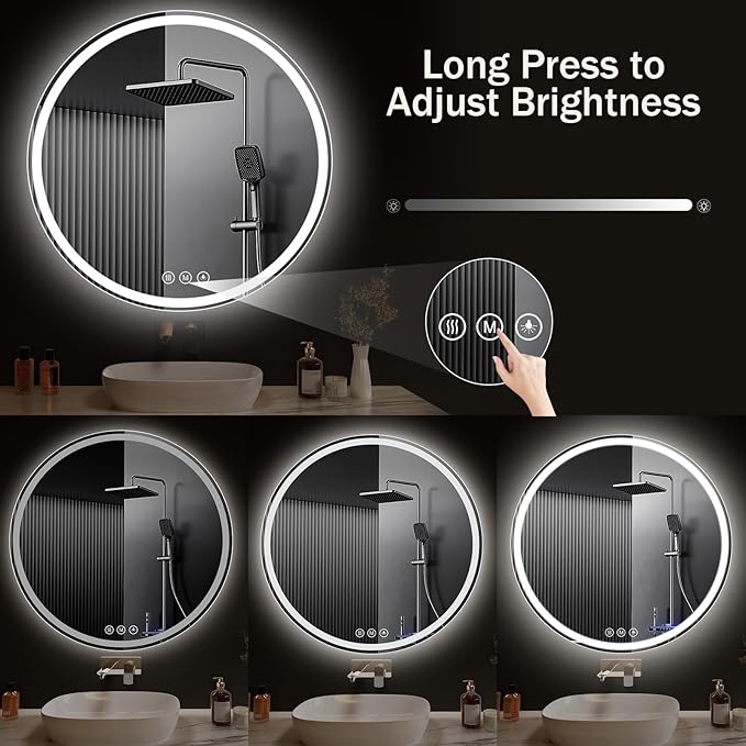 LED Bathroom Mirror 32 Inch Round Bathroom Mirror with Lights, Circle Wall Mirror with 3 Colors Brightness, Anti-Fog for Bathroom Vanity, Entryway Living Room
