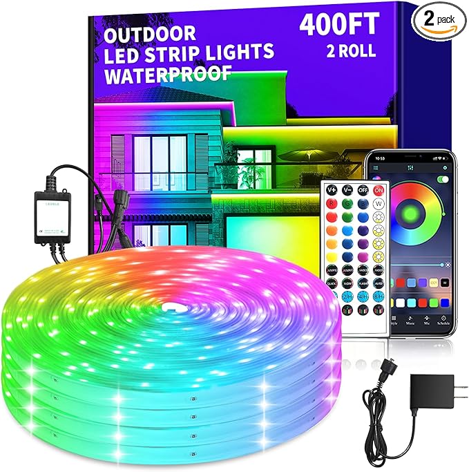 400ft Outdoor Waterproof Led Strip Light,IP68 Waterproof Led RGB Light with IR Remote&App Control,Music Sync and Color Changing LED Rope Light for Bedroom,Roof,Pool,Balcony（2 Rolls of 200ft）