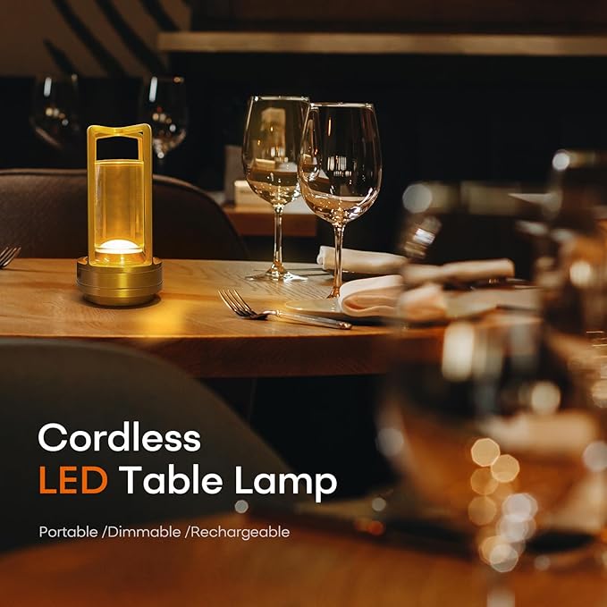 Portable Metal Table Lamp for Indoor/Outdoor ,Rechargeable Cordless LED Lamp, 3-Colour Infinitely Dimming Battery Powered Small Desk Lamp, Restaurant/Bedroom/Bar/Coffee/Camping Light (Gold Set of 2)