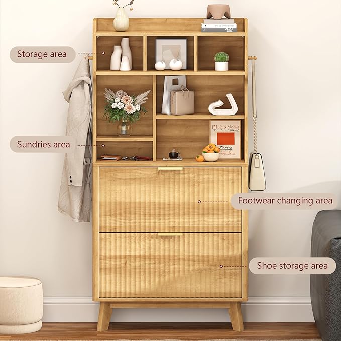 TVU Hall Tree with 2 Height-Adjustable Flip-Top Shoe Cabinets, Rustic Style Entryway Coat Rack with LED Lights, Tall Entryway Coat Rack with 4 Coat Hooks & 7 Height-Adjustable Storage Compartments