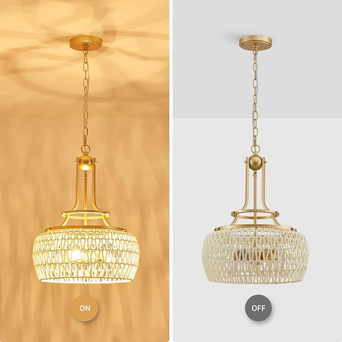 WUZUPS Rattan Boho Chandelier Rustic Farmhouse Industrial Round Coastal Hanging Pendant Light Fixture Wicker Lampshade for Dining Room Kitchen Island Foyer Entryway, H 19.6" x W 15.9", Gold