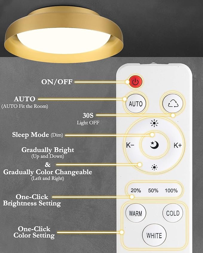 Ken & Ricky Flush Mount Ceiling Light Fixture, Led Dimmable 24w for Bedroom Kitchen Bathroom Laundry Hallway Entryway,Remote Control (Brushed Gold,12Inch,2PK)