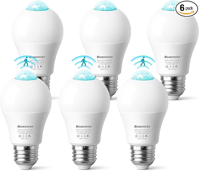 6-Pack Motion Sensor Light Bulbs, 12W(100W Equivalent), Movement Security LED Bulb(Energy Efficient) Indoor/Outdoor, Motion Activated Dusk to Dawn Bulb for Porch, Garage, Basement, Hallway, Stairs