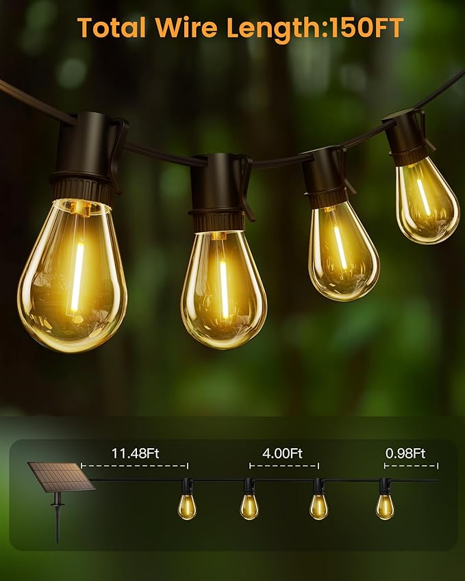 Torkase Solar Powered 150FT Outdoor String Lights 35+2 LED Bulbs Waterproof Shatterproof Remote Control Dimmable Extra Long Hanging Lights for Large Yard Deck Market Cafe Event Lighting