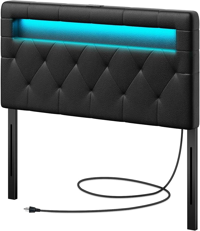 GREENSTELL Headboard for Twin Size Bed with 60,000 DIY Color of LED Light, USB & Type C Post, Attach Frame, Height Adjustable, Black Wall Mounted Head Boards Only, Sturdy & Stable, Comfortable, Twin