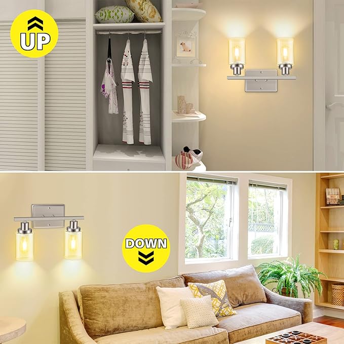 Ascher 2-Light Wall Sconces, Modern Vanity Light Fixture with Clear Glass Shade, Brushed Nickel Wall Light for Mirror Bedroom Hallway, E26 Base (Bulbs Not Included)