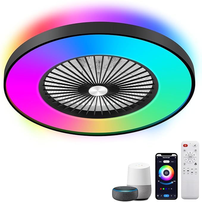24" RGB Low Profile Ceiling Fan with Light, Smart Bladeless Ceiling Fan with APP/Alexa/Remote Control, 6-Speed Silent Reversible DC Motor, Dimmable Color Changing LED, Black