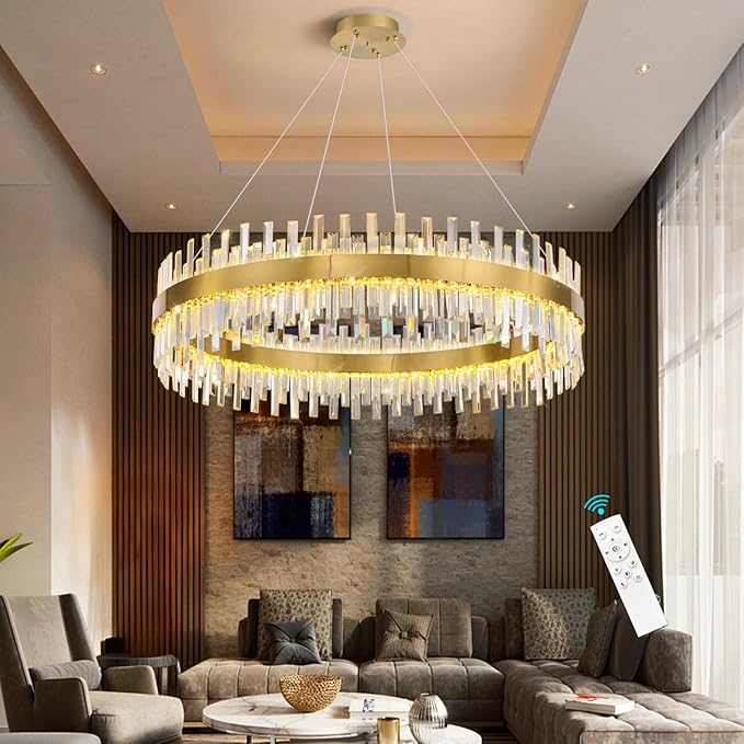 Glam Crystal Chandelier Interior Ring Chandeliers with Remote Dimmable LED Light Adjustable Hanging Lights Luxury Ceiling Pendant Lighting Fixtures for Living Dining Bedroom Foyer Gold Light