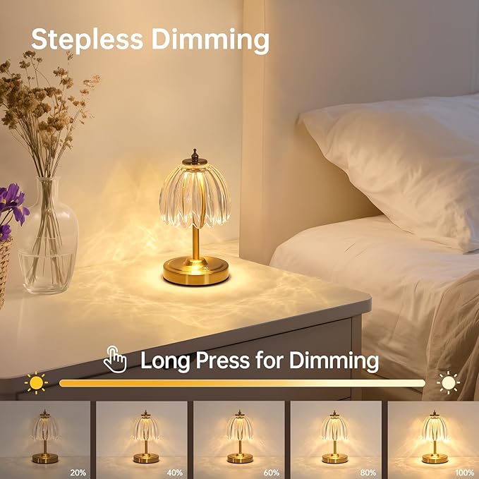Set of 2 Tulip Table Lamp with 5200mAh Battery & Touch Control, Cordless Small Table Lamp with 3 Colors, Rechargeable Battery Operated Table Lamps for Nightstand, Bedroom (Transparent Tulip)