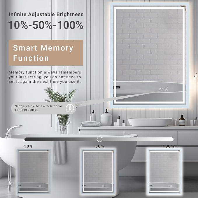 24"x 32" LED Bathroom Mirror with Stepless Dimmable, Backlight Wall Mirrors with Anti-Fog Bathroom Digital Mirror for Wall, 3 Color Modes, Memory Function Smart Mirror
