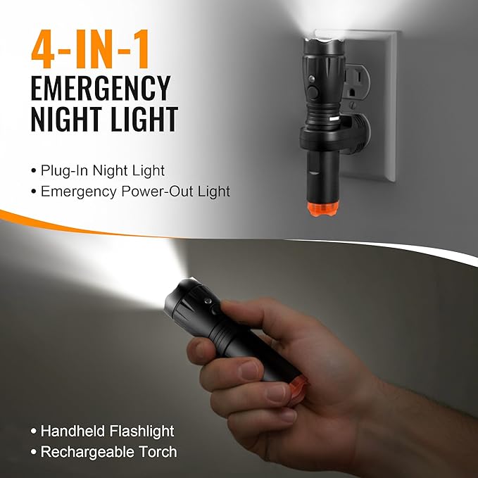 4 in 1 Plug in Emergency Flashlight Rechargeable LED Night Light with Motion Sensor for Power Outage Home Safety Portable Work Light Removable Torch for Camping and Indoor Use (3 Pack)