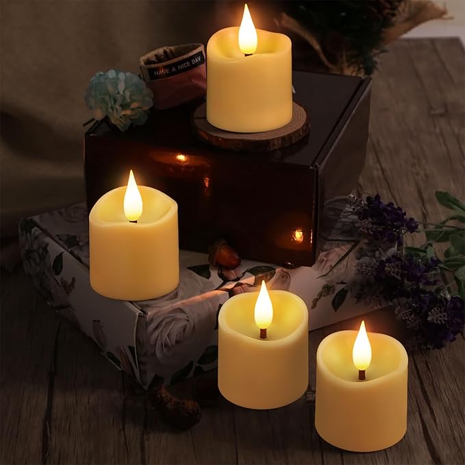 IMAGE 12-Pack Rechargeable Tea Lights Candles with Timer & Remote, Realistic 3D Flickering LED Votive Candles Realistic 3D Flickering LED Votive Candles Fall Wedding Table Centerpieces(2.1”x 1.5”)