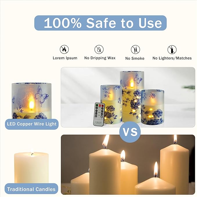 Flameless Candles with String Lights - Set of 3 Chinoiserie Battery Operated Candle Flickering Floral LED Pillar Candles with Timer Remote for Home Decor Romantic Ambiance